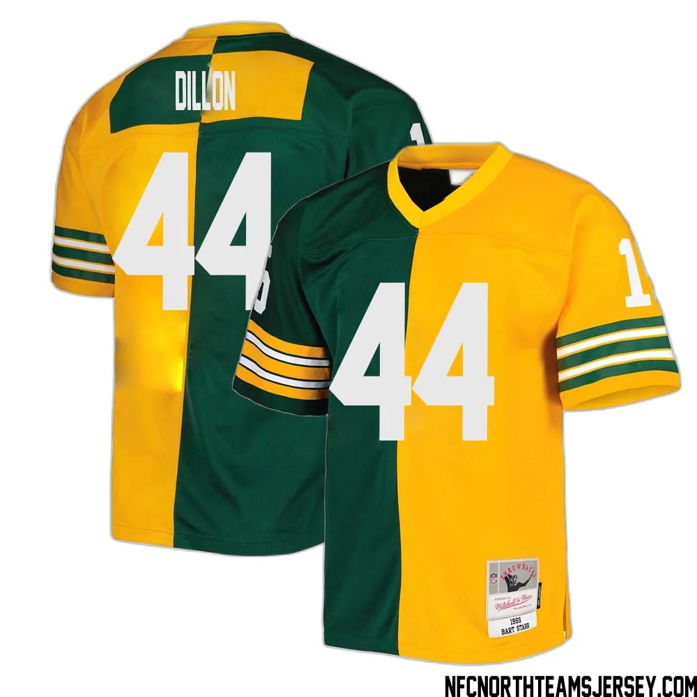 Bobby Dillon No 44 Green Bay Packers Mitchell Ness 1969 Split Legacy Replica Jersey Green Gold 1