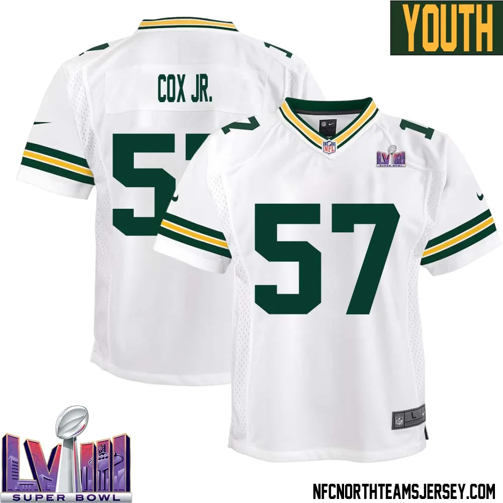 Brenton Cox Jr. No 57 Green Bay Packers Super Bowl LVIII Away Game Jersey Youth White 1