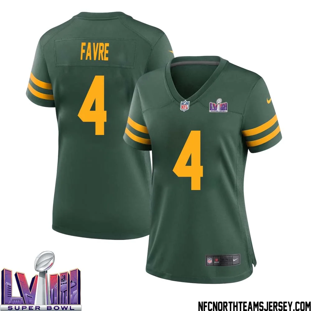Brett Favre No 4 Green Bay Packers Super Bowl LVIII Alternate Green Jersey for Women 1