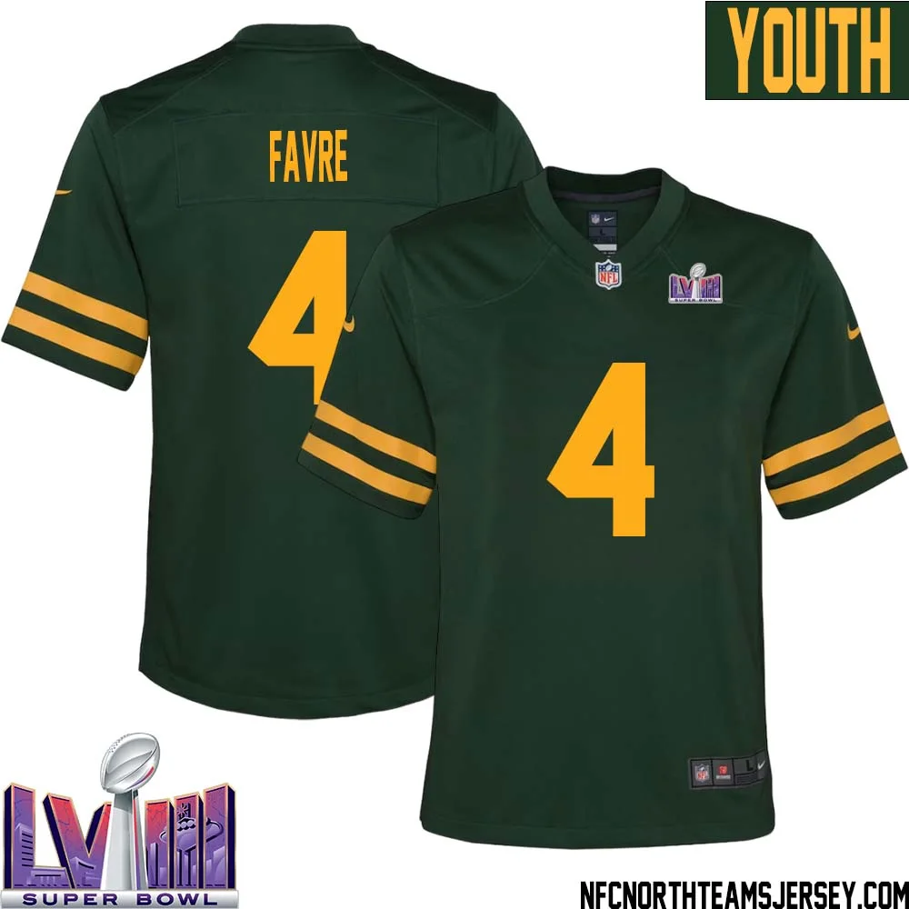 Brett Favre No 4 Green Bay Packers Super Bowl LVIII Alternate Green Jersey for Youth