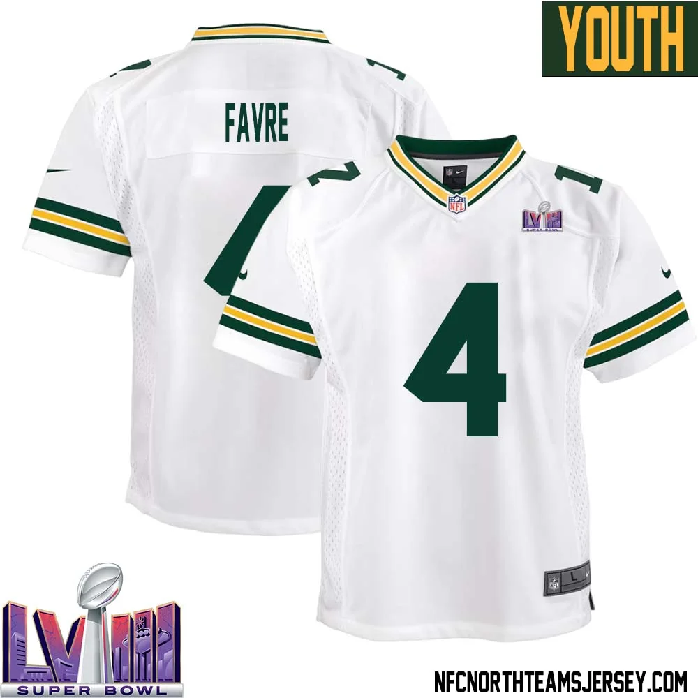 Brett Favre No 4 Green Bay Packers Super Bowl LVIII Away Game Jersey Youth White 1