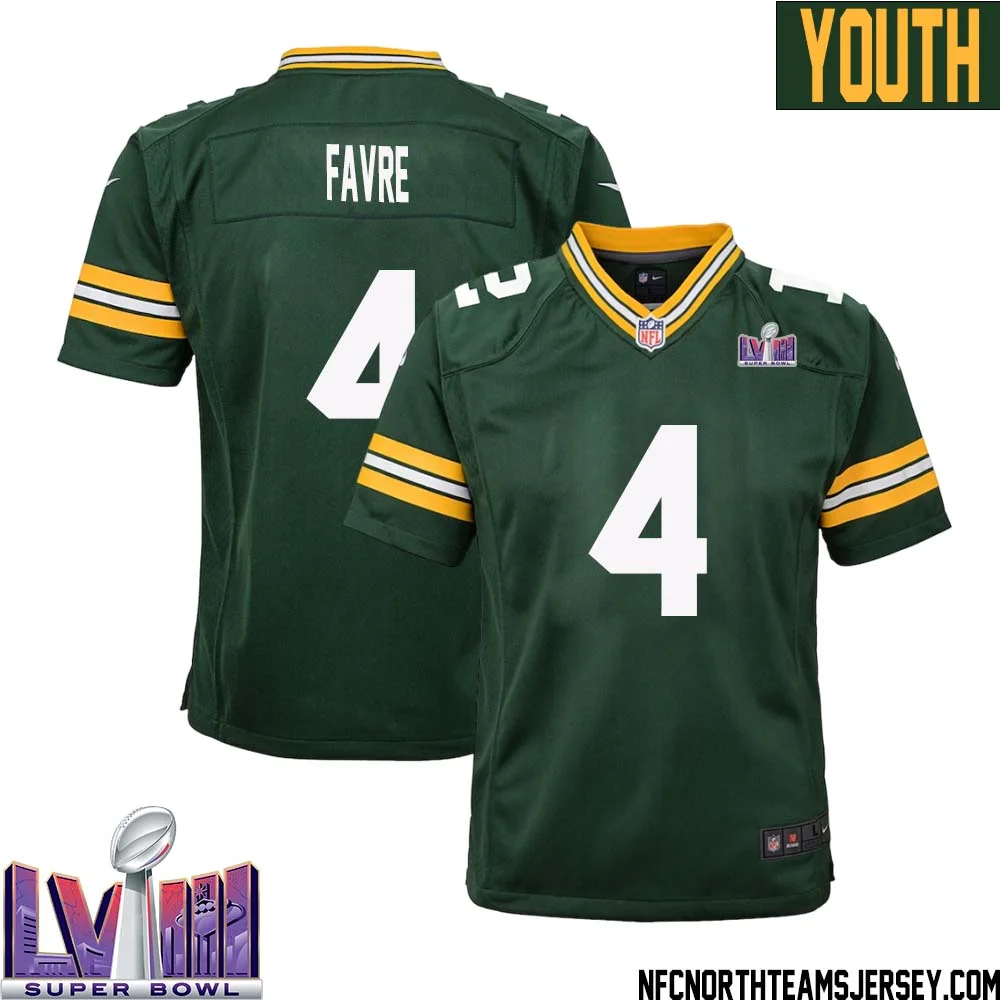 Brett Favre No 4 Green Bay Packers Super Bowl LVIII Home Game Jersey Youth 1