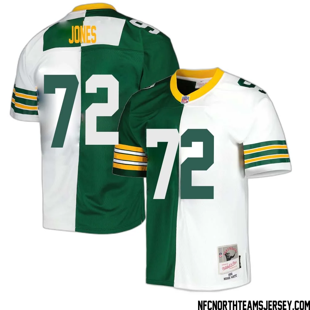 Caleb Jones No 72 Green Bay Packers Mitchell Ness 1996 Split Legacy Replica Jersey Green White