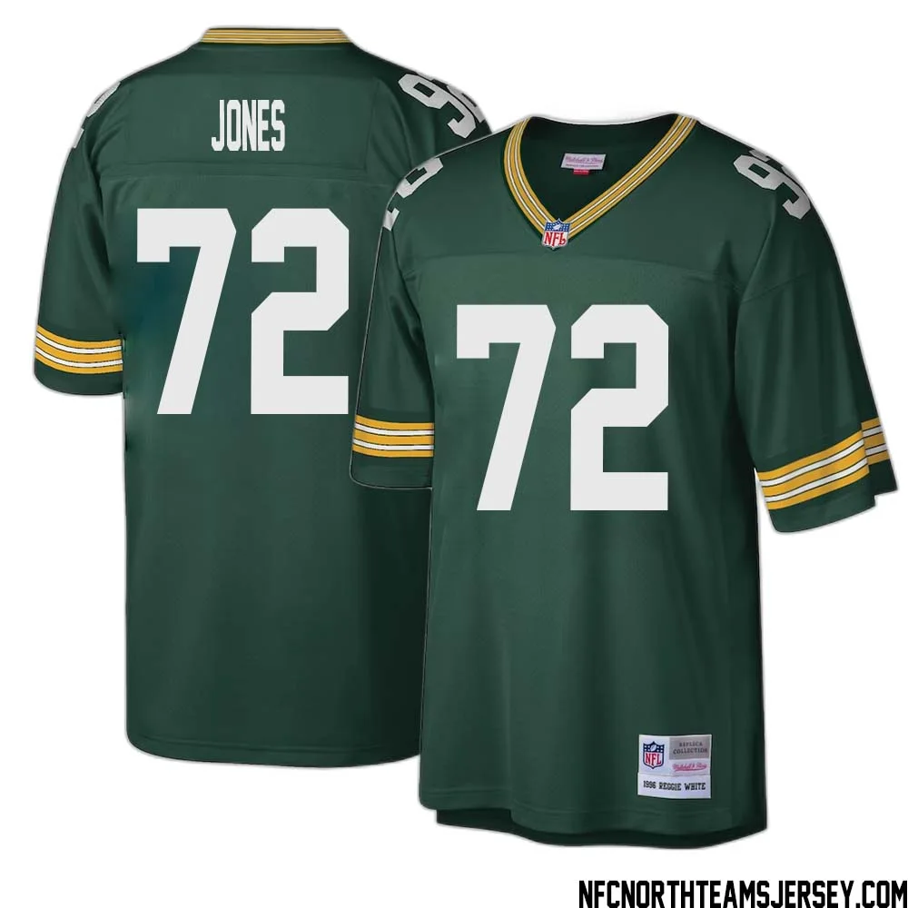Caleb Jones No 72 Green Bay Packers Mitchell Ness Big Tall 1996 Retired Player Replica Jersey Green 1 1