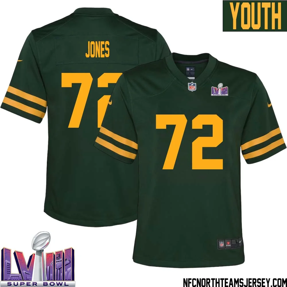 Caleb Jones No 72 Green Bay Packers Super Bowl LVIII Alternate Green Jersey for Youth