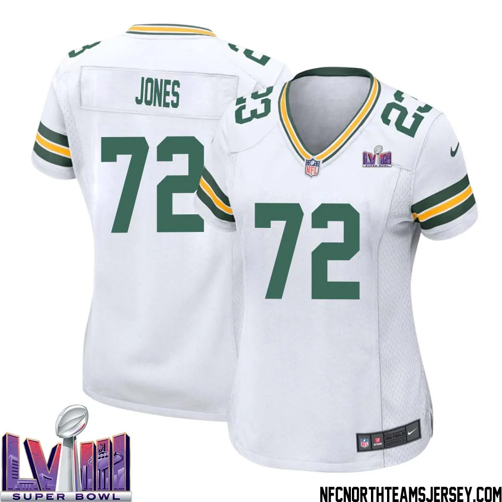 Caleb Jones No 72 Green Bay Packers Super Bowl LVIII Away Game Jersey Womens White 1