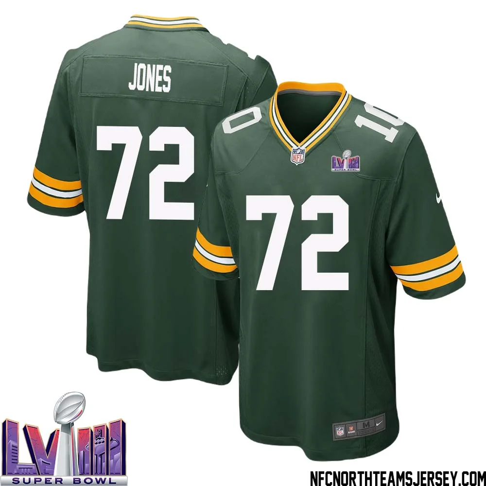 Caleb Jones No 72 Green Bay Packers Super Bowl LVIII Home Game Jersey Mens