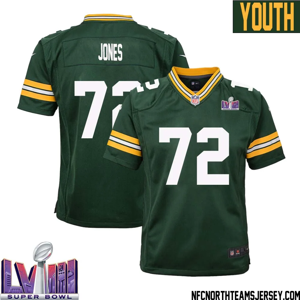 Caleb Jones No 72 Green Bay Packers Super Bowl LVIII Home Game Jersey Youth