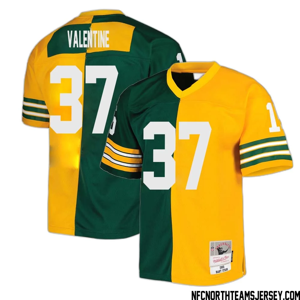 Carrington Valentine No 37 Green Bay Packers Mitchell Ness 1969 Split Legacy Replica Jersey Green Gold