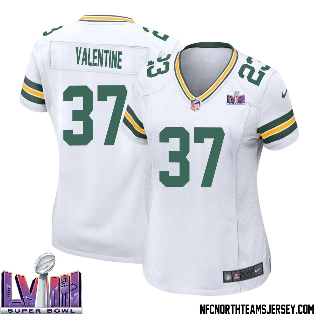 Carrington Valentine No 37 Green Bay Packers Super Bowl LVIII Away Game Jersey Womens White 1