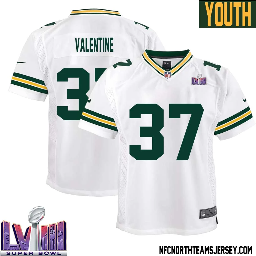 Carrington Valentine No 37 Green Bay Packers Super Bowl LVIII Away Game Jersey Youth White 1