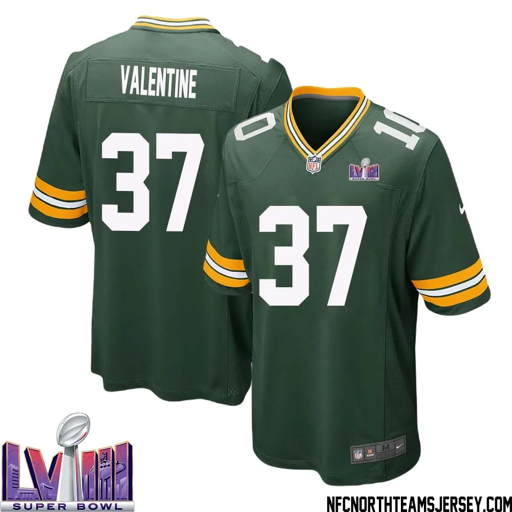 Carrington Valentine No 37 Green Bay Packers Super Bowl LVIII Home Game Jersey Mens