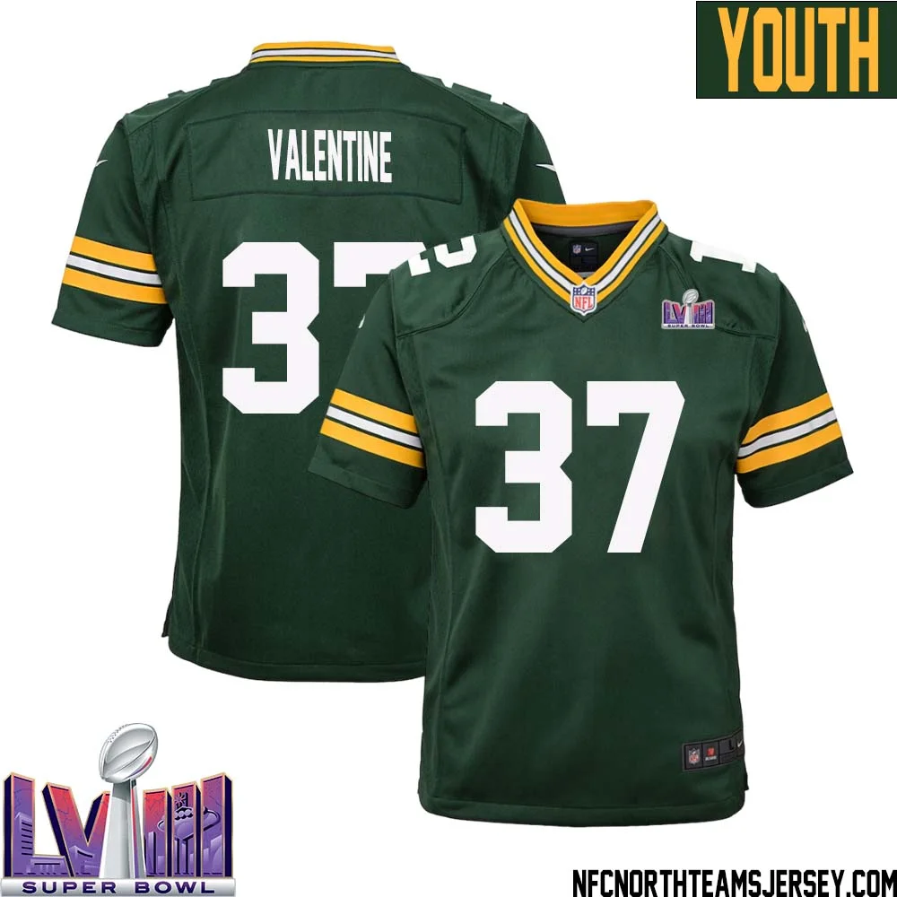 Carrington Valentine No 37 Green Bay Packers Super Bowl LVIII Home Game Jersey Youth