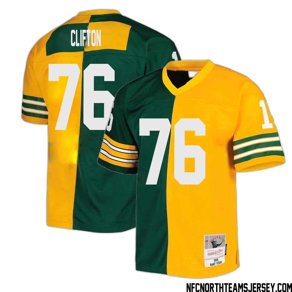 Chad Clifton No 76 Green Bay Packers Mitchell Ness 1969 Split Legacy Replica Jersey Green Gold 1