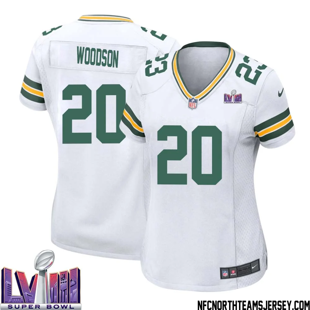 Charles Woodson No 20 Green Bay Packers Super Bowl LVIII Away Game Jersey Womens White 1