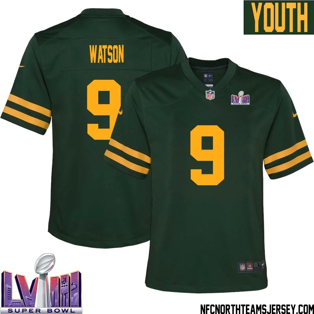 Christian Watson No 9 Green Bay Packers Super Bowl LVIII Alternate Green Jersey for Youth