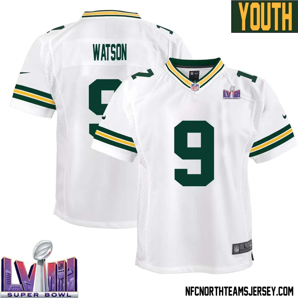 Christian Watson No 9 Green Bay Packers Super Bowl LVIII Away Game Jersey Youth White 1