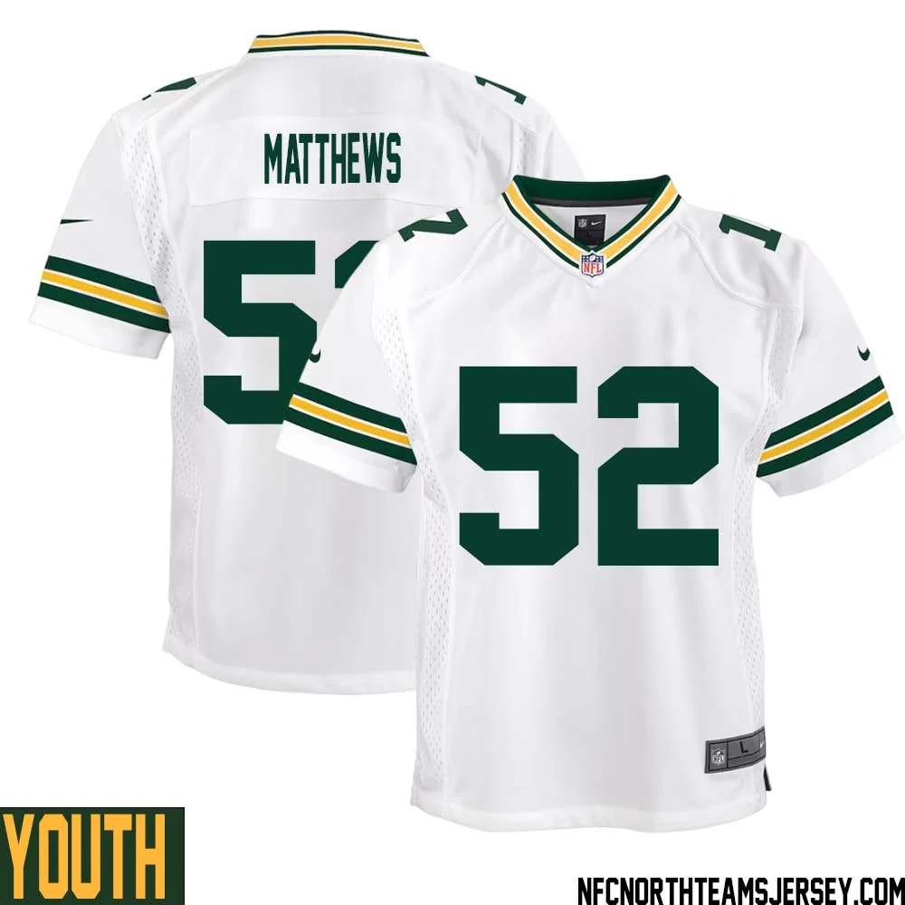 Clay Matthews No 52 Green Bay Packers Away Game Jersey Youth White 1