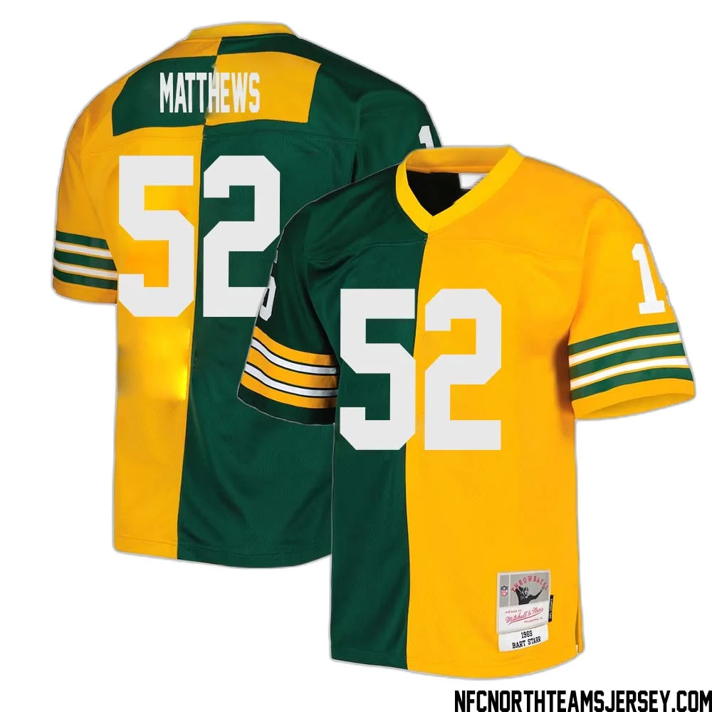 Clay Matthews No 52 Green Bay Packers Mitchell Ness 1969 Split Legacy Replica Jersey Green Gold 1