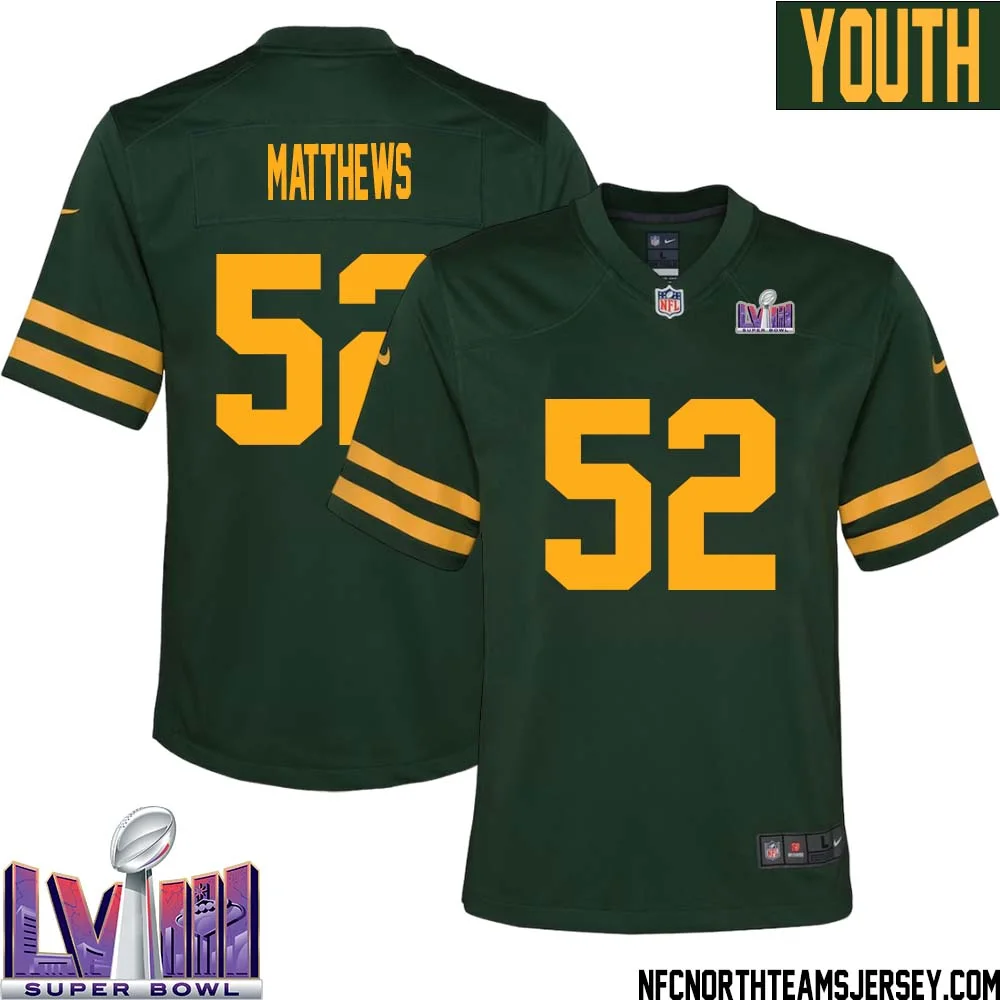 Clay Matthews No 52 Green Bay Packers Super Bowl LVIII Alternate Green Jersey for Youth