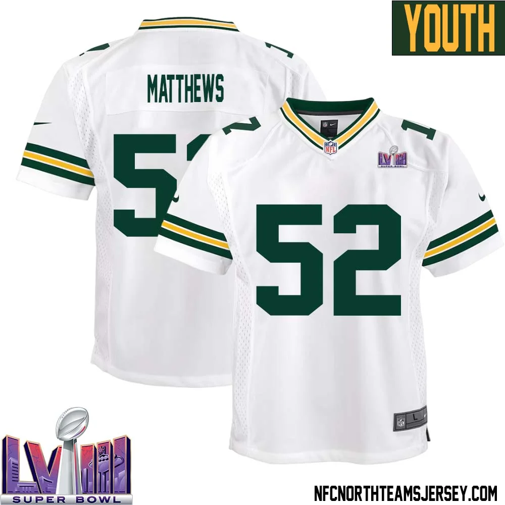 Clay Matthews No 52 Green Bay Packers Super Bowl LVIII Away Game Jersey Youth White