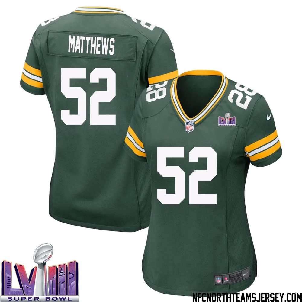 Clay Matthews No 52 Green Bay Packers Super Bowl LVIII Home Game Jersey Womens 1