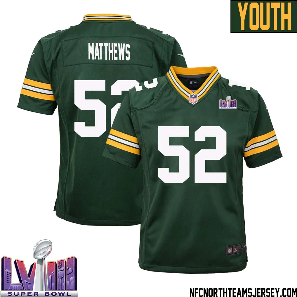 Clay Matthews No 52 Green Bay Packers Super Bowl LVIII Home Game Jersey Youth