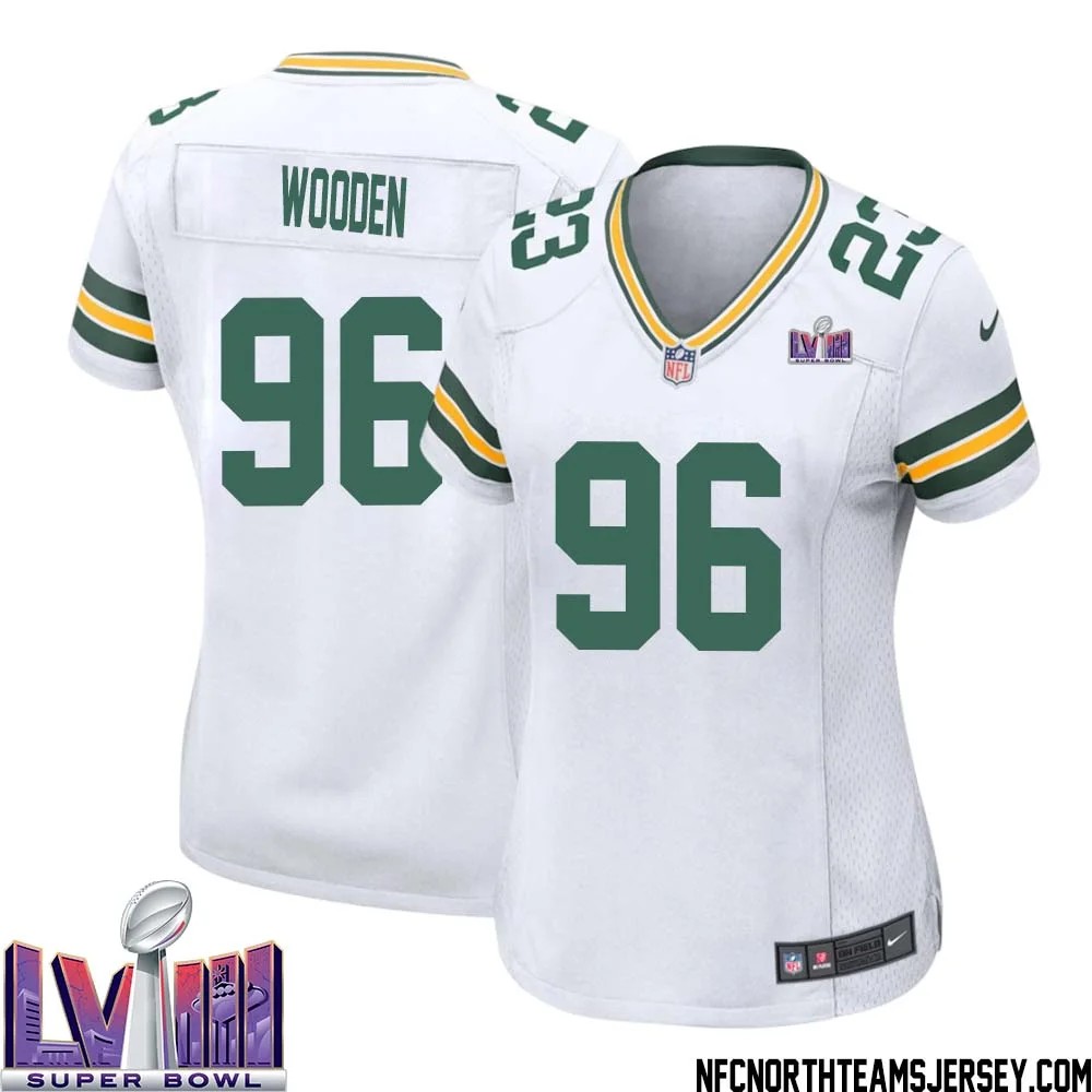 Colby Wooden No 96 Green Bay Packers Super Bowl LVIII Away Game Jersey Womens White 1