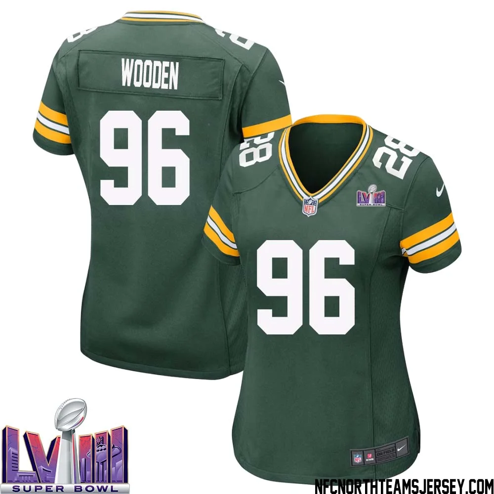 Colby Wooden No 96 Green Bay Packers Super Bowl LVIII Home Game Jersey Womens 1