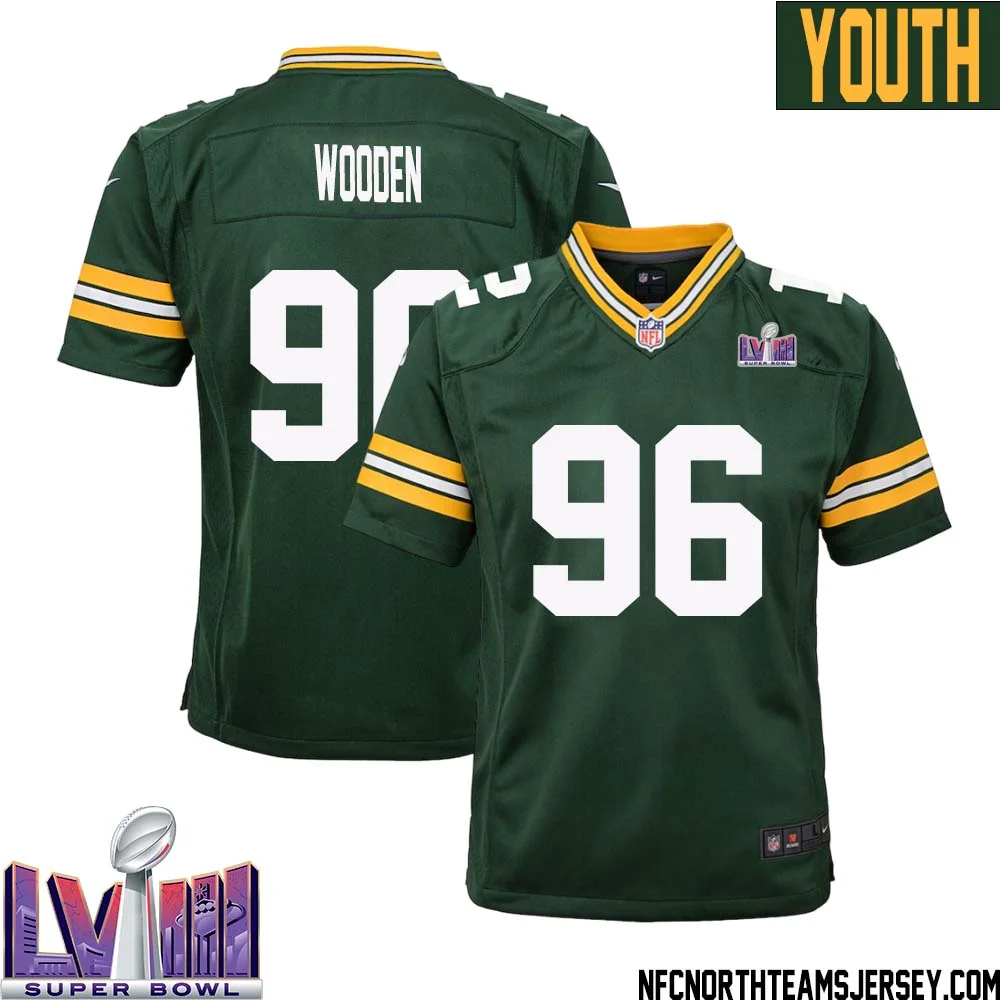 Colby Wooden No 96 Green Bay Packers Super Bowl LVIII Home Game Jersey Youth 1