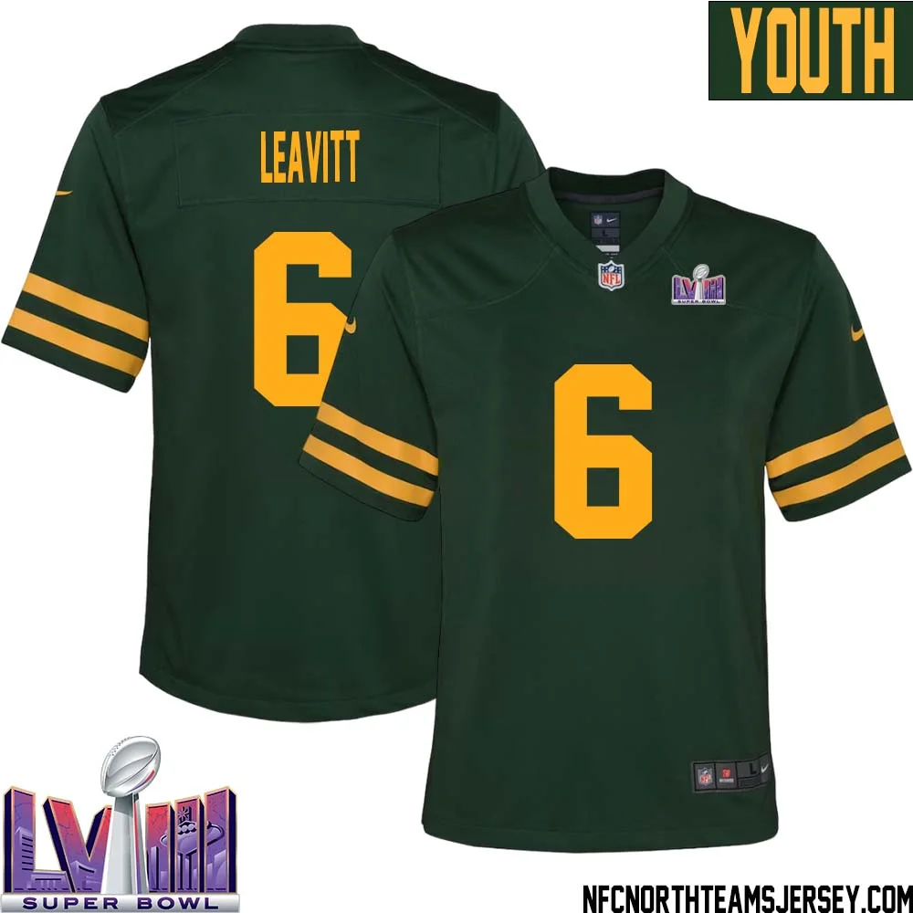 Dallin Leavitt No 6 Green Bay Packers Super Bowl LVIII Alternate Green Jersey for Youth