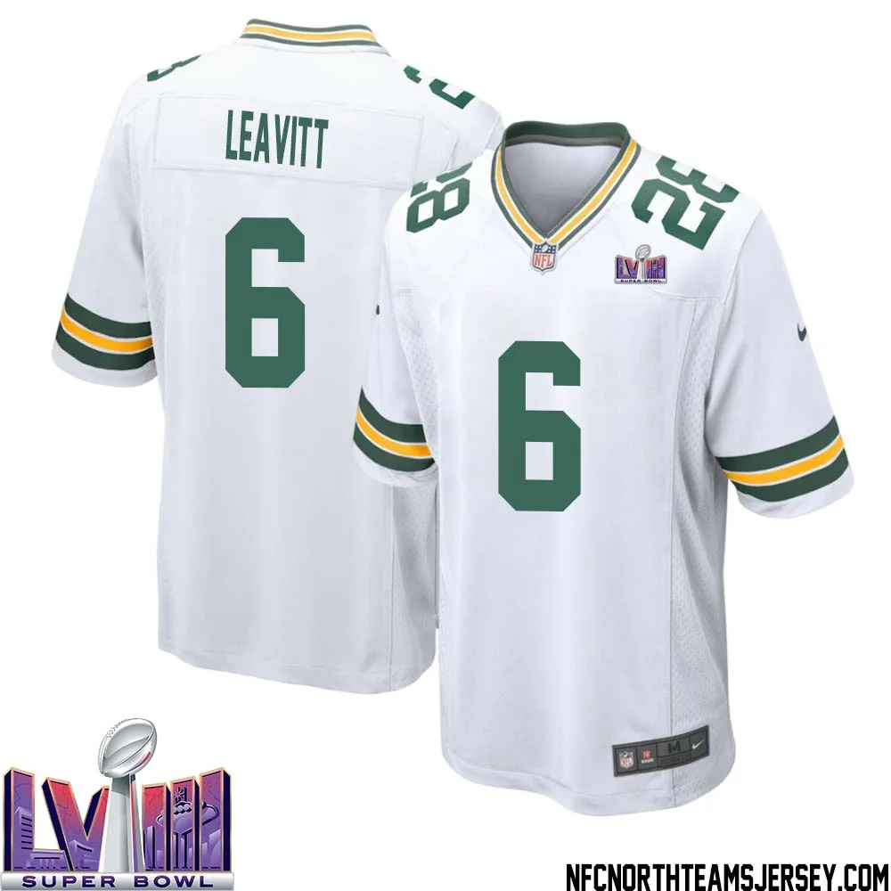 Dallin Leavitt No 6 Green Bay Packers Super Bowl LVIII Away Game Jersey Mens White 1