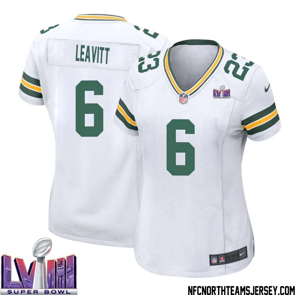 Dallin Leavitt No 6 Green Bay Packers Super Bowl LVIII Away Game Jersey Womens White 1