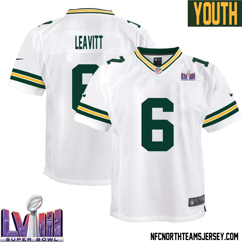 Dallin Leavitt No 6 Green Bay Packers Super Bowl LVIII Away Game Jersey Youth White