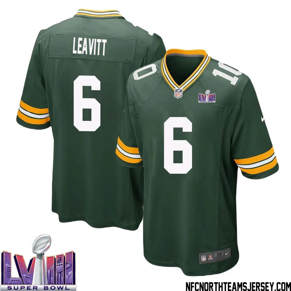 Dallin Leavitt No 6 Green Bay Packers Super Bowl LVIII Home Game Jersey Mens