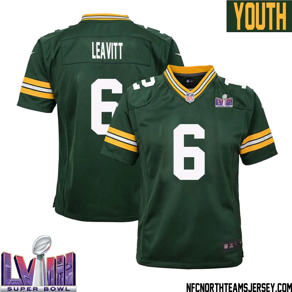 Dallin Leavitt No 6 Green Bay Packers Super Bowl LVIII Home Game Jersey Youth