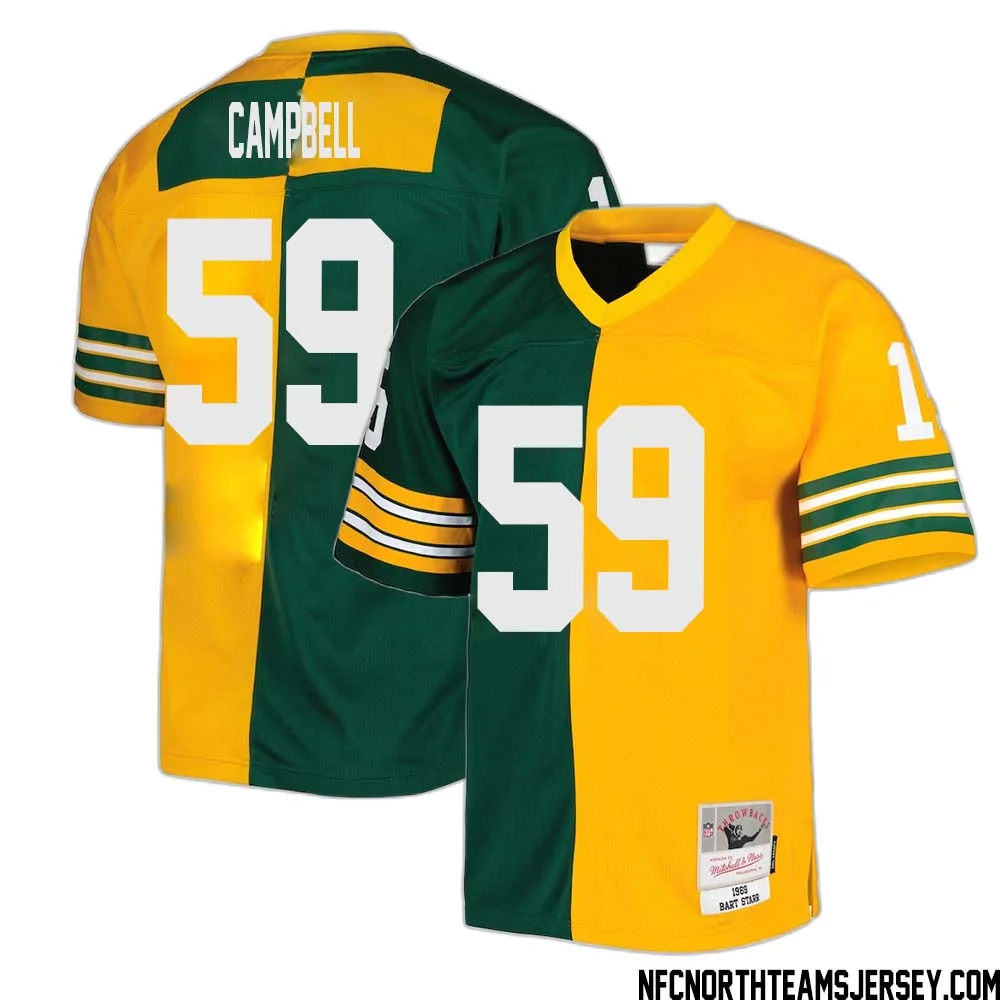 DeVondre Campbell No 59 Green Bay Packers Mitchell Ness 1969 Split Legacy Replica Jersey Green Gold 1