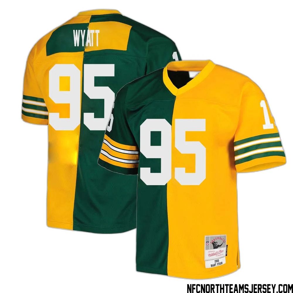 Devonte Wyatt No 95 Green Bay Packers Mitchell Ness 1969 Split Legacy Replica Jersey Green Gold 1