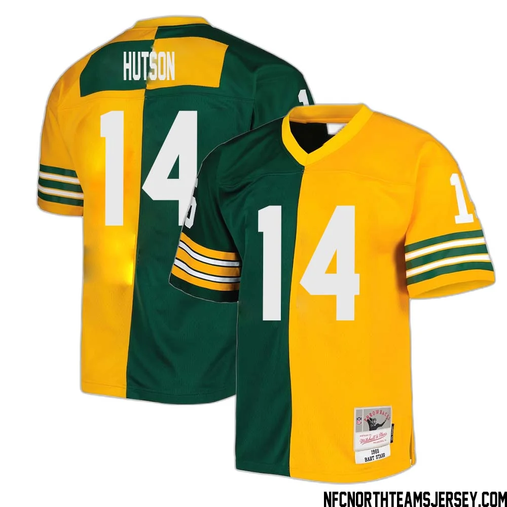 Don Hutson No 14 Green Bay Packers Mitchell Ness 1969 Split Legacy Replica Jersey Green Gold