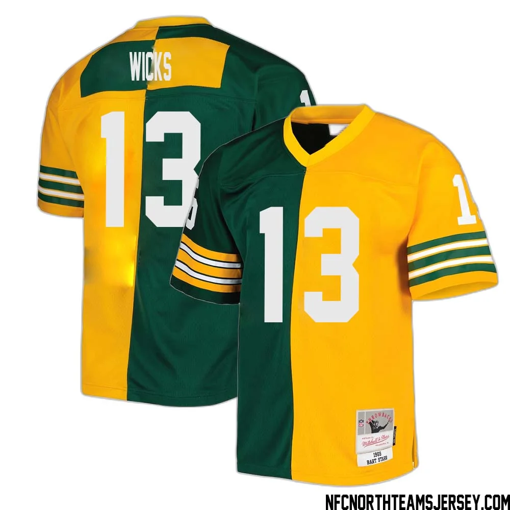 Dontayvion Wicks No 13 Green Bay Packers Mitchell Ness 1969 Split Legacy Replica Jersey Green Gold 1