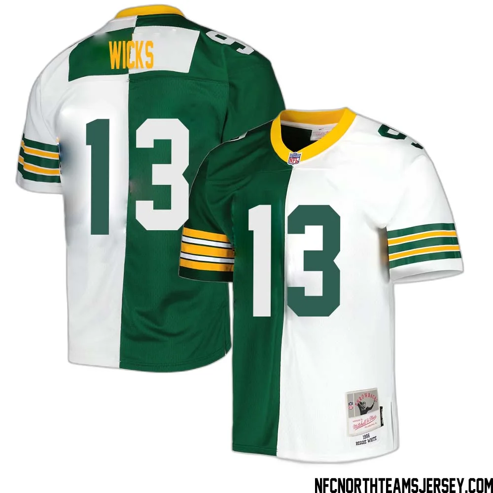 Dontayvion Wicks No 13 Green Bay Packers Mitchell Ness 1996 Split Legacy Replica Jersey Green White 1