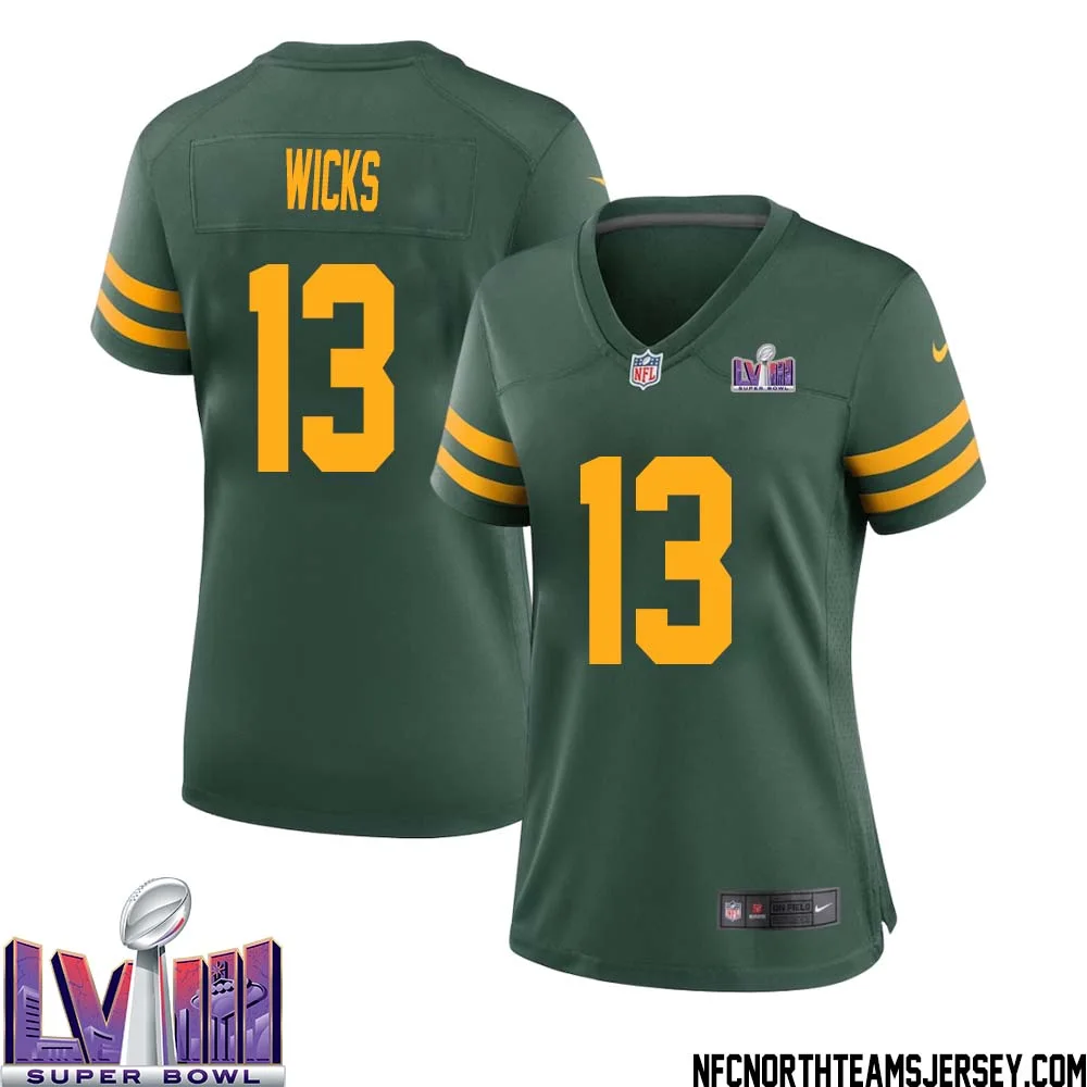 Dontayvion Wicks No 13 Green Bay Packers Super Bowl LVIII Alternate Green Jersey for Women