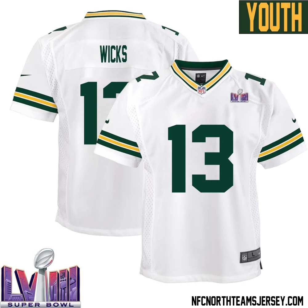 Dontayvion Wicks No 13 Green Bay Packers Super Bowl LVIII Away Game Jersey Youth White 1