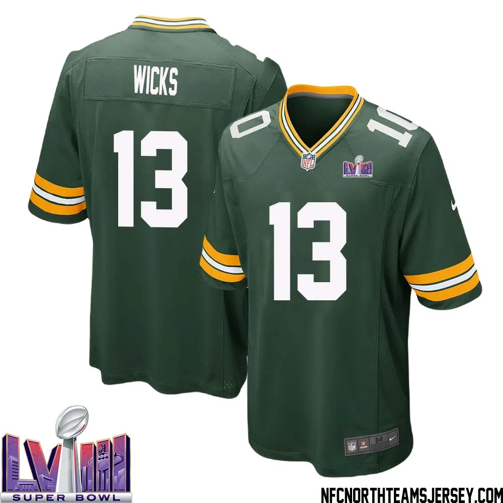 Dontayvion Wicks No 13 Green Bay Packers Super Bowl LVIII Home Game Jersey Mens