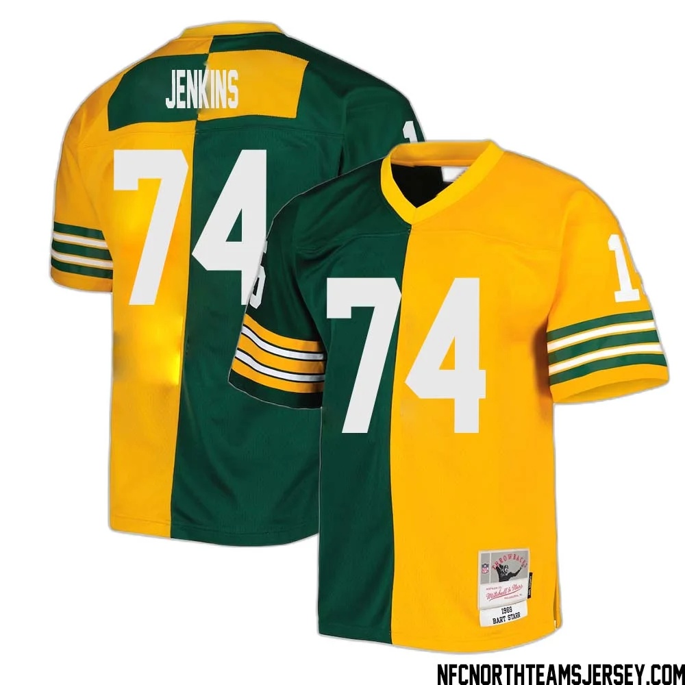 Elgton Jenkins No 74 Green Bay Packers Mitchell Ness 1969 Split Legacy Replica Jersey Green Gold 1