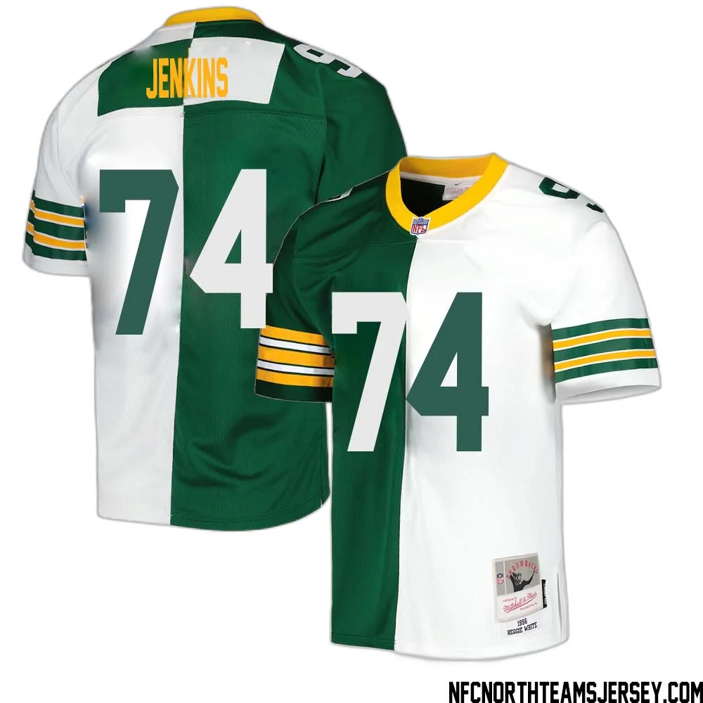 Elgton Jenkins No 74 Green Bay Packers Mitchell Ness 1996 Split Legacy Replica Jersey Green White 1
