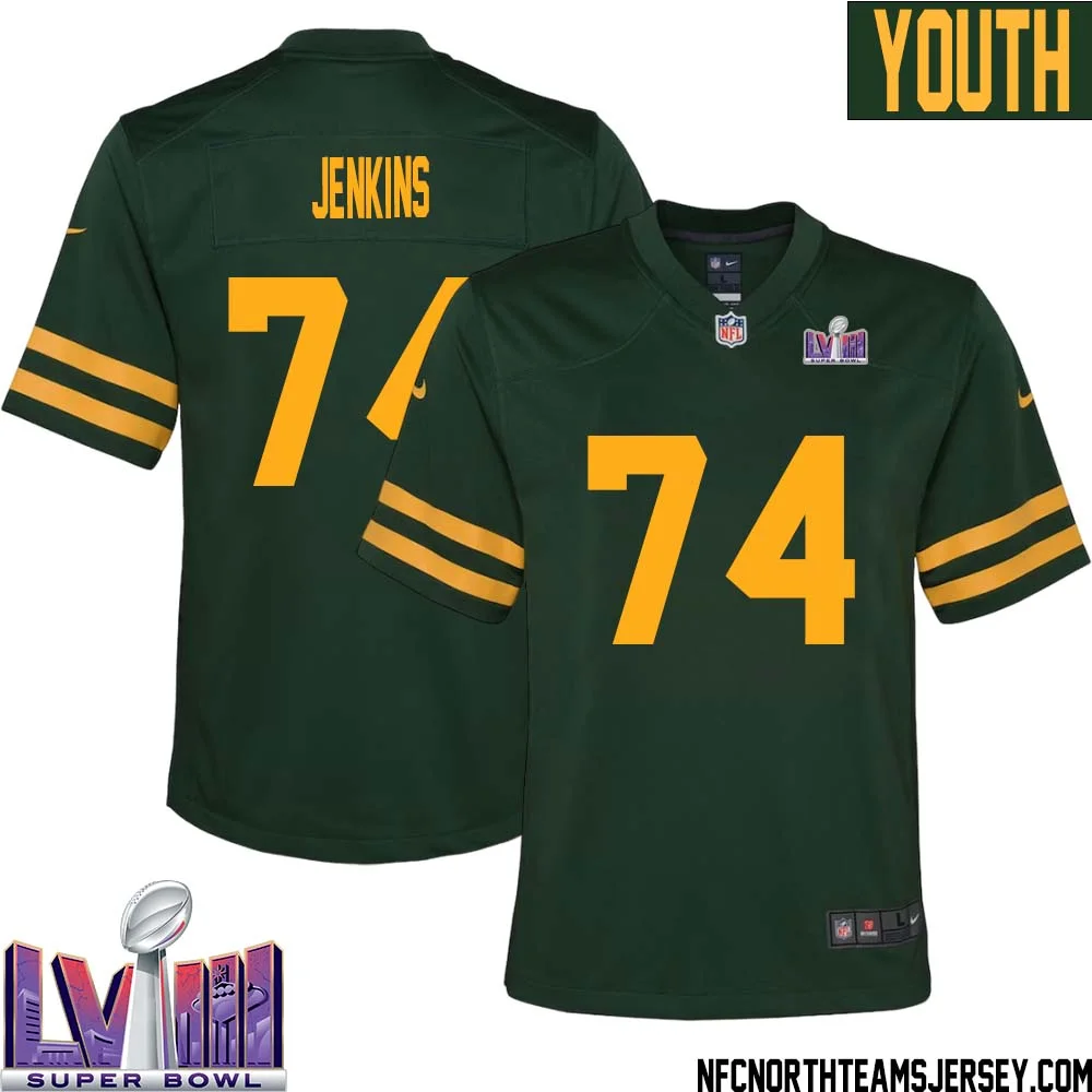 Elgton Jenkins No 74 Green Bay Packers Super Bowl LVIII Alternate Green Jersey for Youth