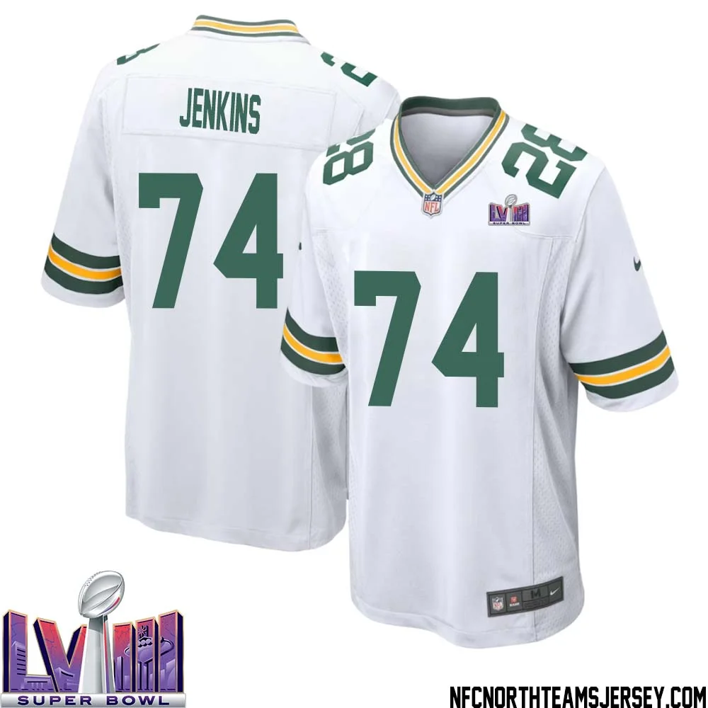 Elgton Jenkins No 74 Green Bay Packers Super Bowl LVIII Away Game Jersey Mens White 1