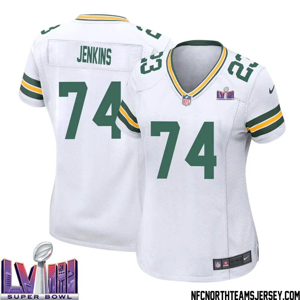 Elgton Jenkins No 74 Green Bay Packers Super Bowl LVIII Away Game Jersey Womens White 1