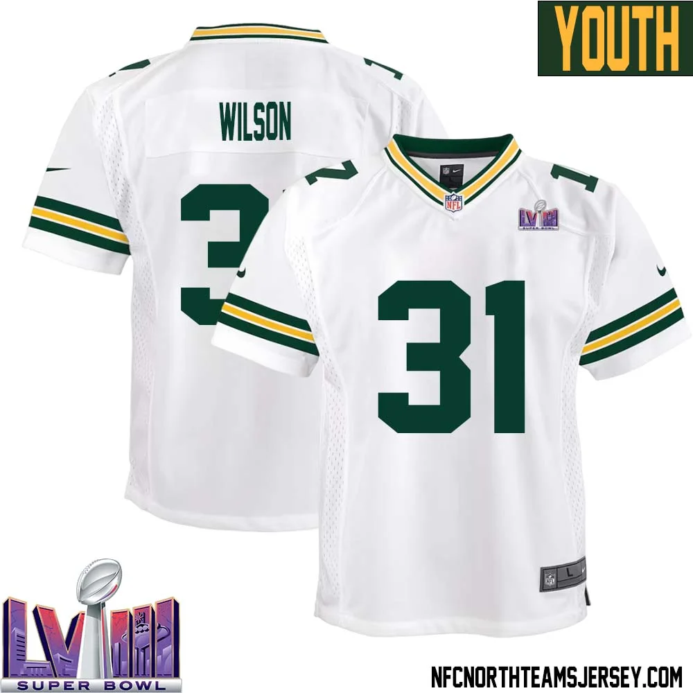 Emanuel Wilson No 31 Green Bay Packers Super Bowl LVIII Away Game Jersey Youth White 1